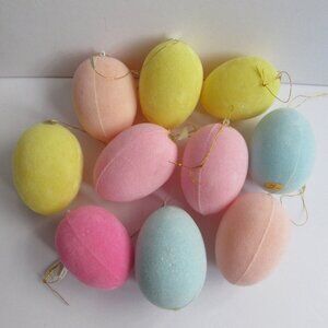 10 Plastic Blow Mold Flocked Easter Egg Ornaments Made in Thailand Pastels